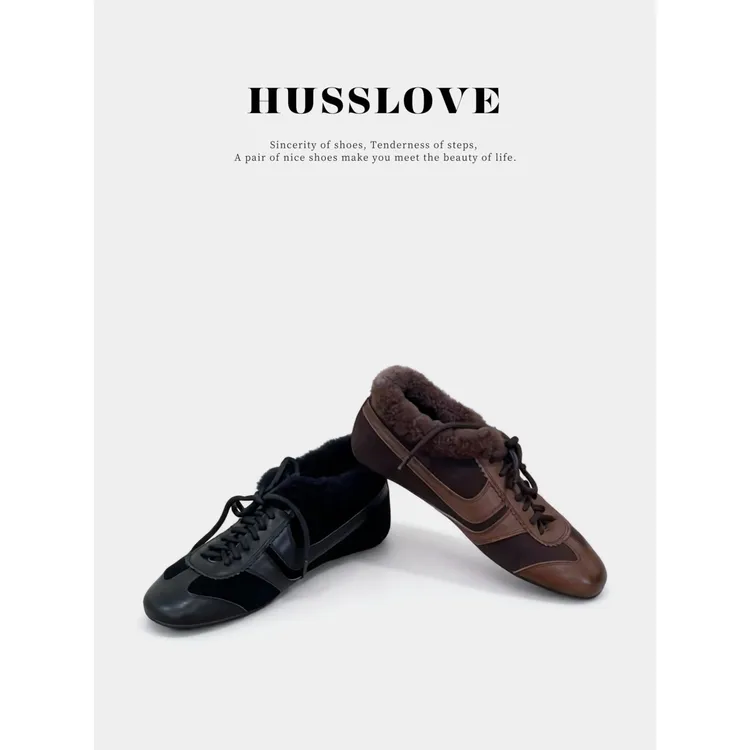 HUSSLOVE 头层牛皮+牛反·跟高3CM·复古百搭休闲冬季保暖德训鞋