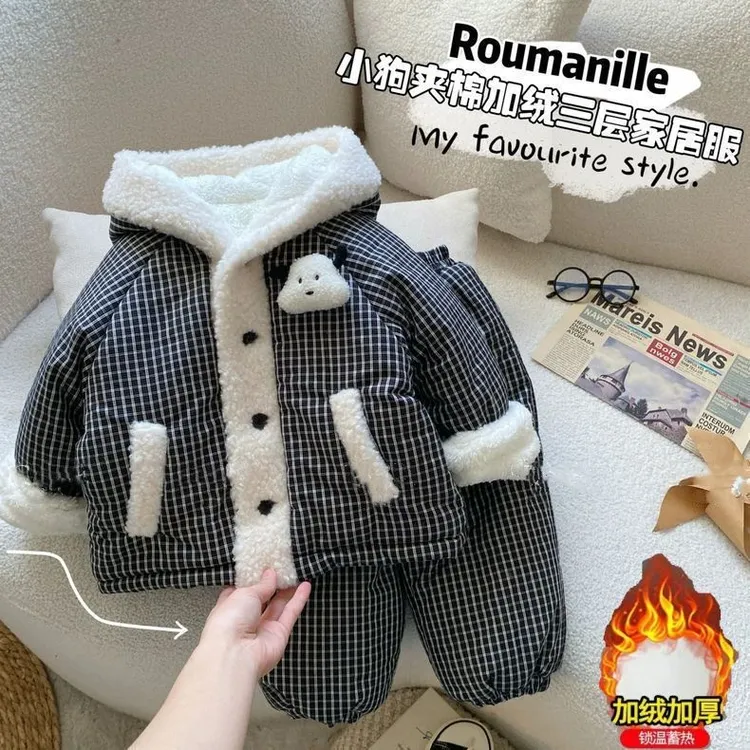 宝宝睡衣冬季韩版男童卡通三层夹棉加厚家居服套装儿童冬装外穿潮