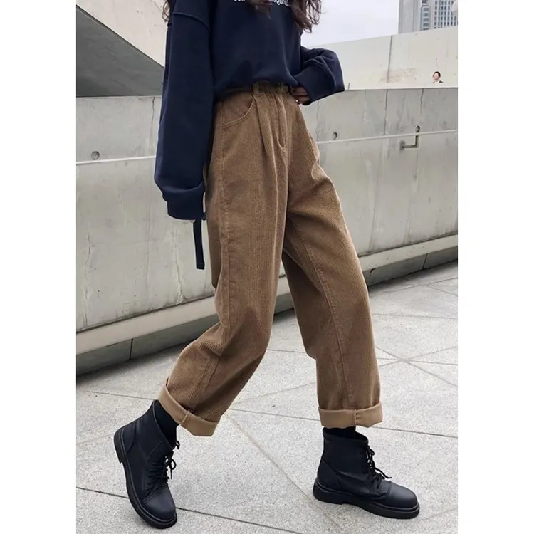 覆古咖色灯芯绒阔腿咖色裤子女秋冬加绒加厚小个子高腰休闲工装裤