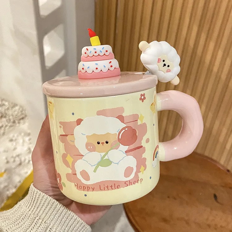 陶瓷水杯高颜值女生杯子带盖带勺情侣家用马克杯办公室早餐咖啡杯