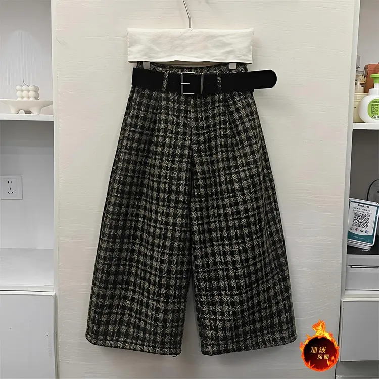 复古千鸟格纹羊毛呢休闲裤女2025冬季新款显瘦气质直筒阔腿七分裤