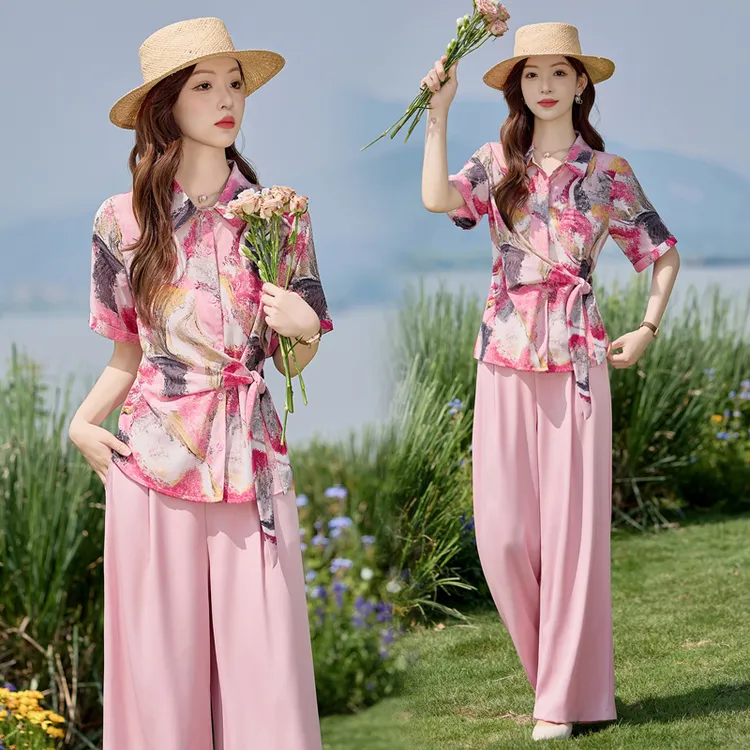 小香风时尚套装女2025夏季新款高端洋气减龄印花衬衫阔腿裤两件套