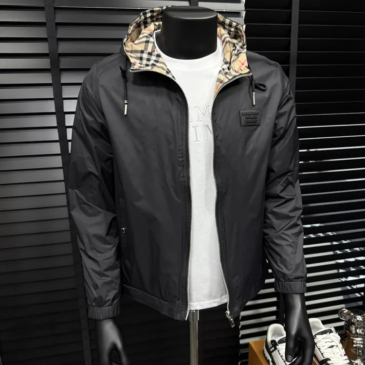 希敦纽勒春秋季百搭休闲时尚男装纯色双面穿格子外套夹克衫连帽潮