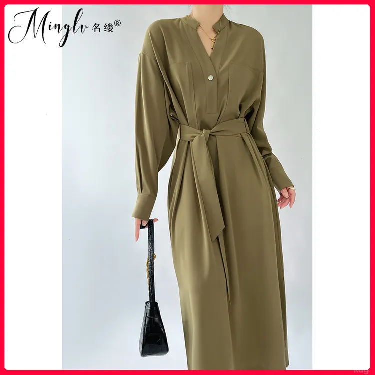 时尚气质女神范长袖洋装女秋季2025年新款长裙系带宽松衬衫裙子