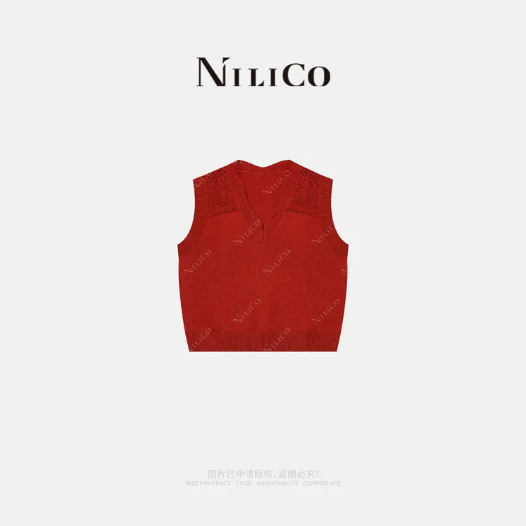 NILICO【红V马甲】复古减龄V领百搭羊毛混纺镂空毛织马甲背心