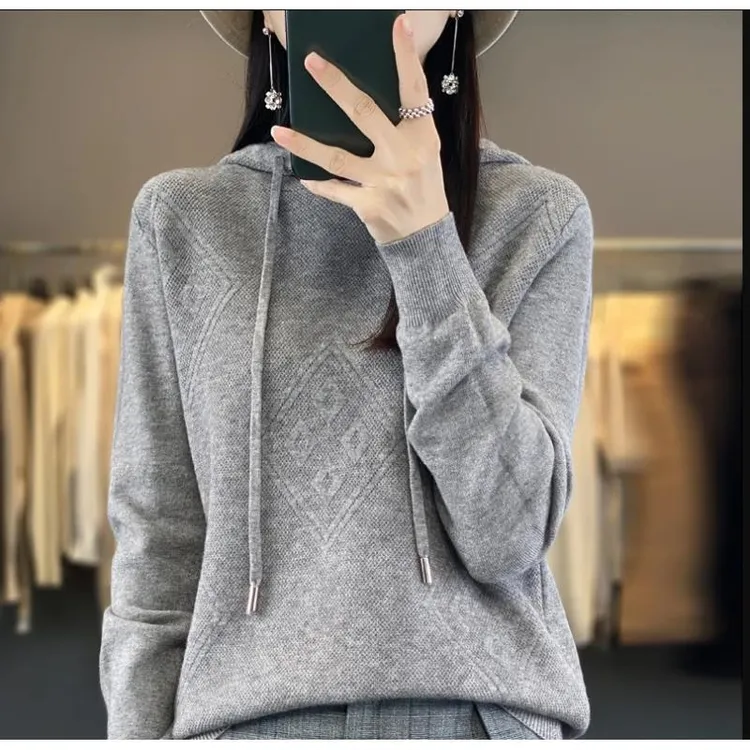 2025秋季女士重磅针织帽衫卫衣百搭打底连帽纯色套头长袖841