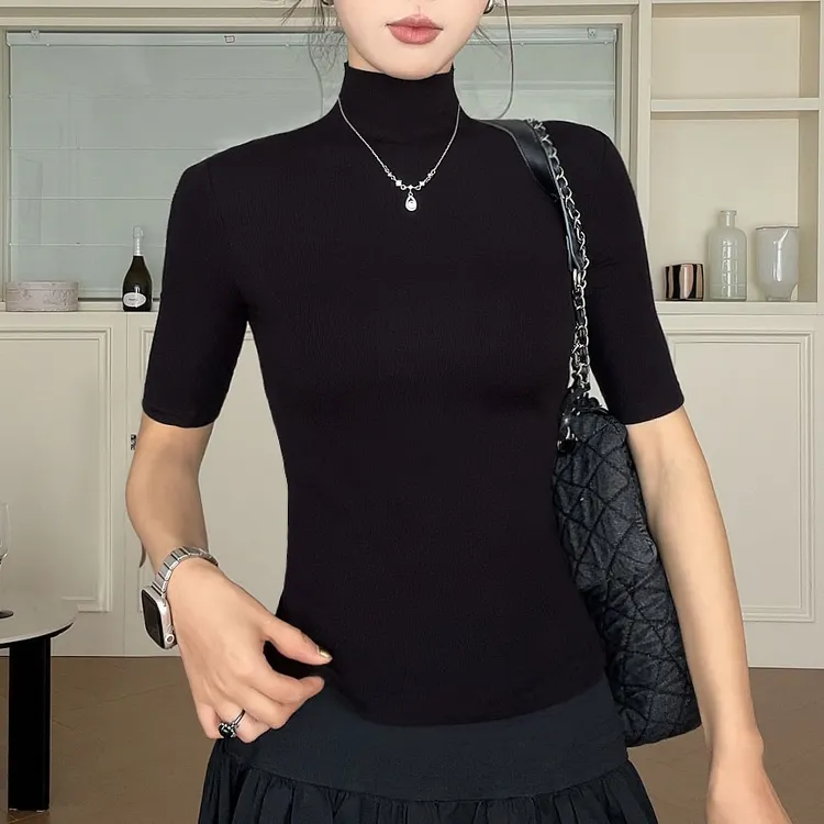 【月下歌】韩系气质经典黑色打底衫女早秋半高领显瘦修身半袖上衣潮