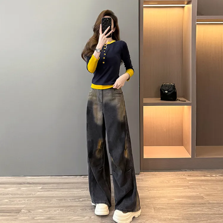 假两件拼色针织衫女长袖春秋内搭打底衫高腰直筒宽松阔腿牛仔裤潮