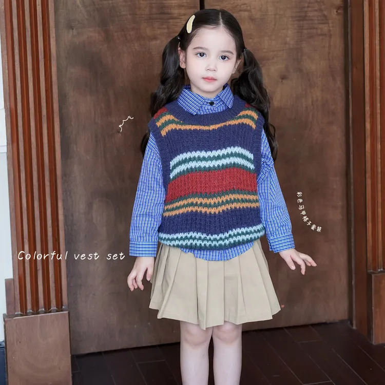 AnnieGirl秋季新款女童miu系韩版学院风针织马甲背心套装025秋款