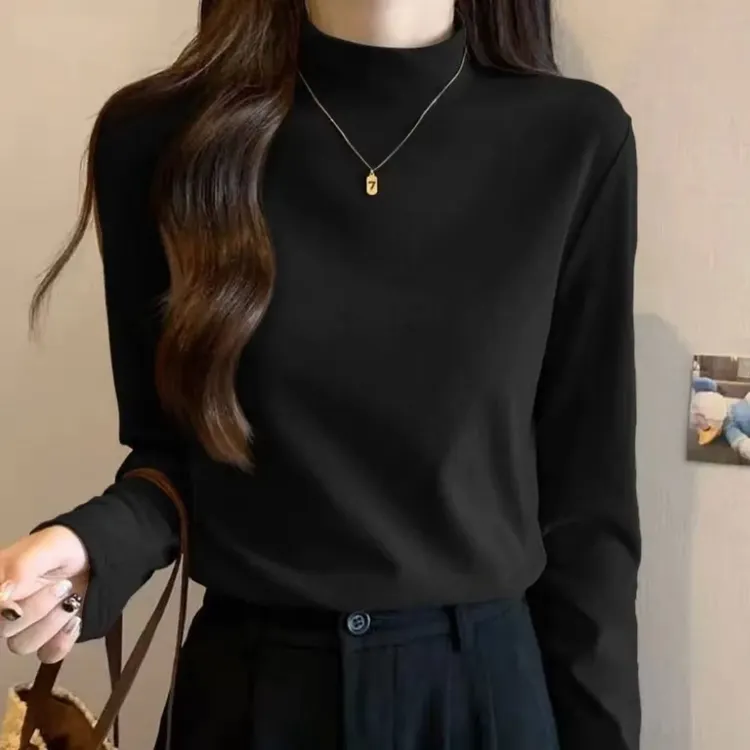 加绒德绒半高领长袖打底衫女士秋冬内搭t恤修身保暖上衣