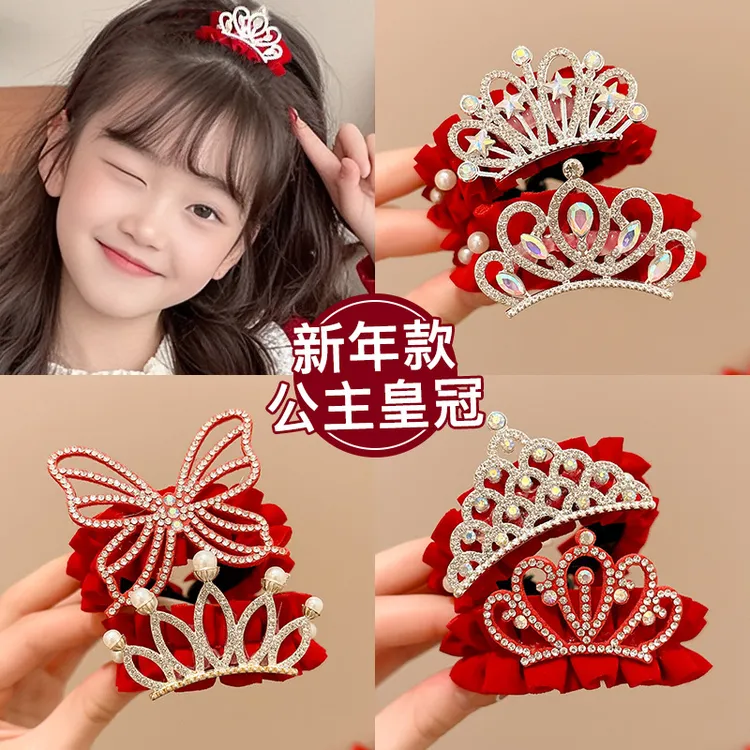 小女孩喜庆过年头饰发卡儿童丸子头盘发神器新年红色公主皇冠发夹