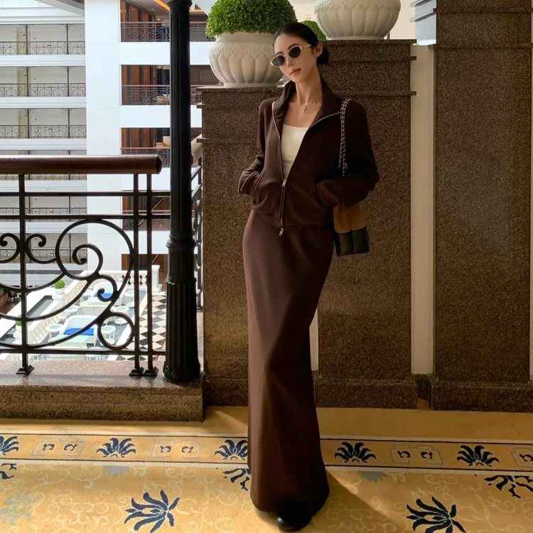 软糯自愈系休闲套装韩系简约拉链外套高腰显瘦a字半身裙懒人穿搭