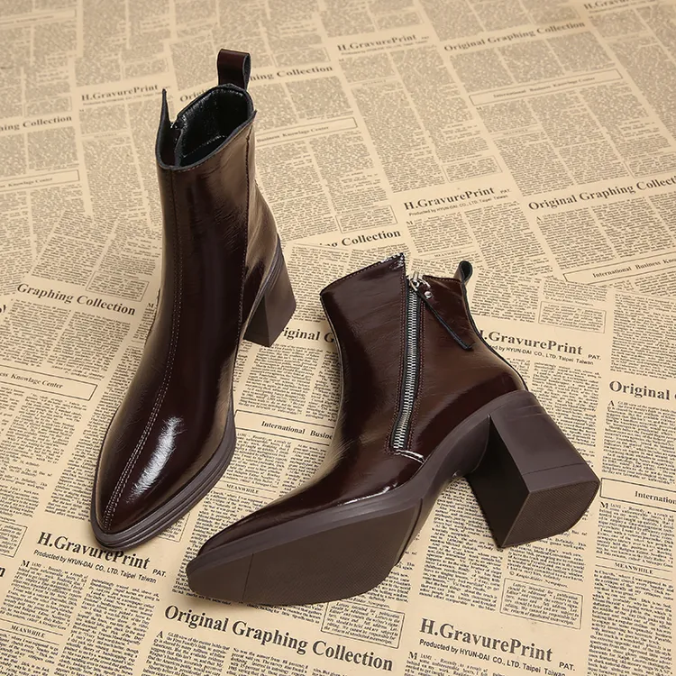 羊皮版283-1秋冬法式瘦瘦靴单靴粗跟短靴女2025年新款黑色高跟鞋