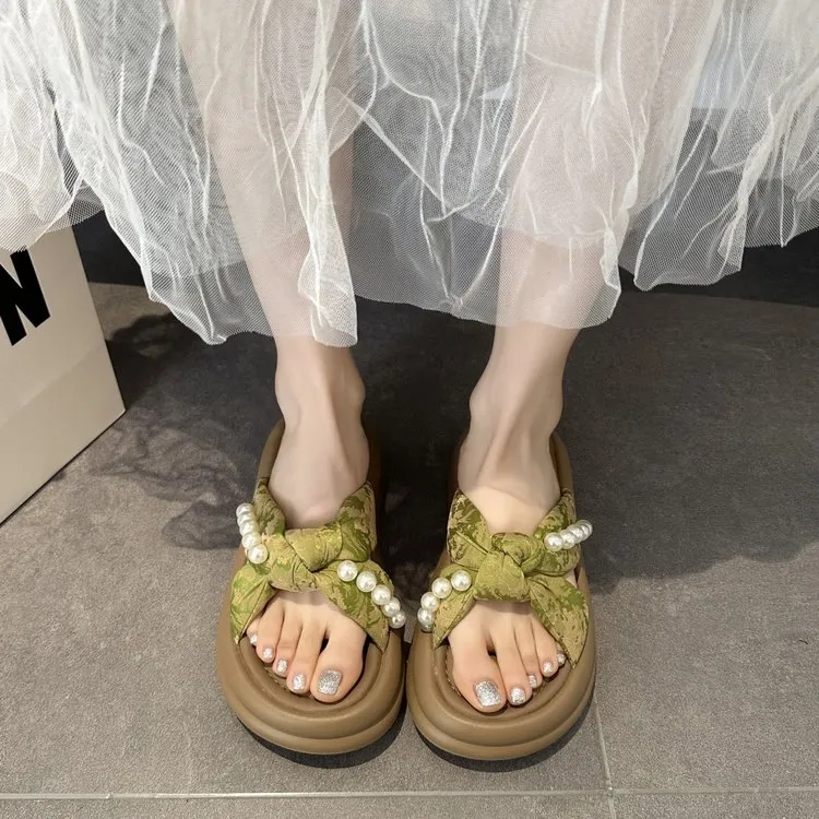 搭扣夏季厚底薄款一字拖散步拖鞋外穿防滑凉拖鞋交叉仙女风平底