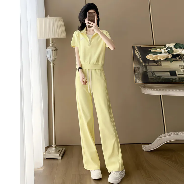 高含棉减龄时尚运动服套装女2026年夏季新款半拉链上衣长裤两件套