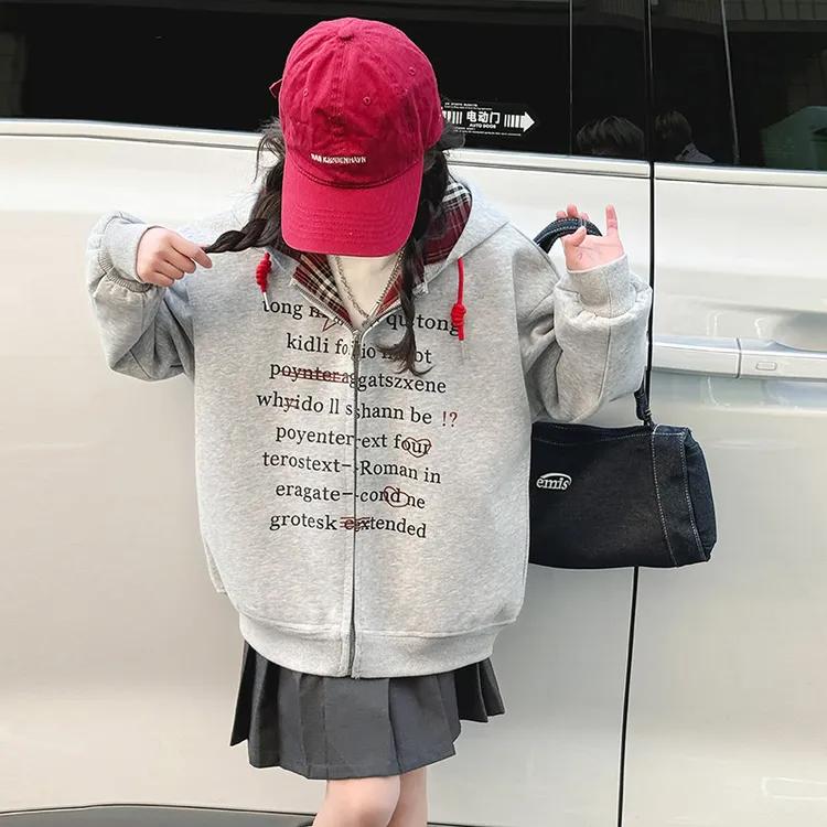 女童秋季复古格子拼接字母连帽卫衣8-15岁初中生春秋美式开衫外套