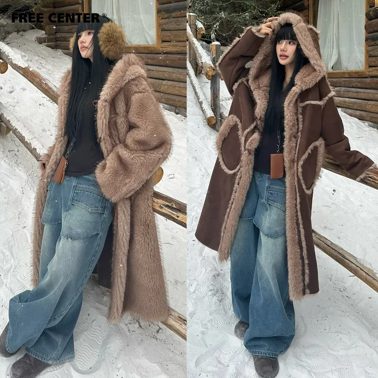 Free Center中长款两面穿麂皮绒外套女冬季连帽加绒加厚保暖大衣