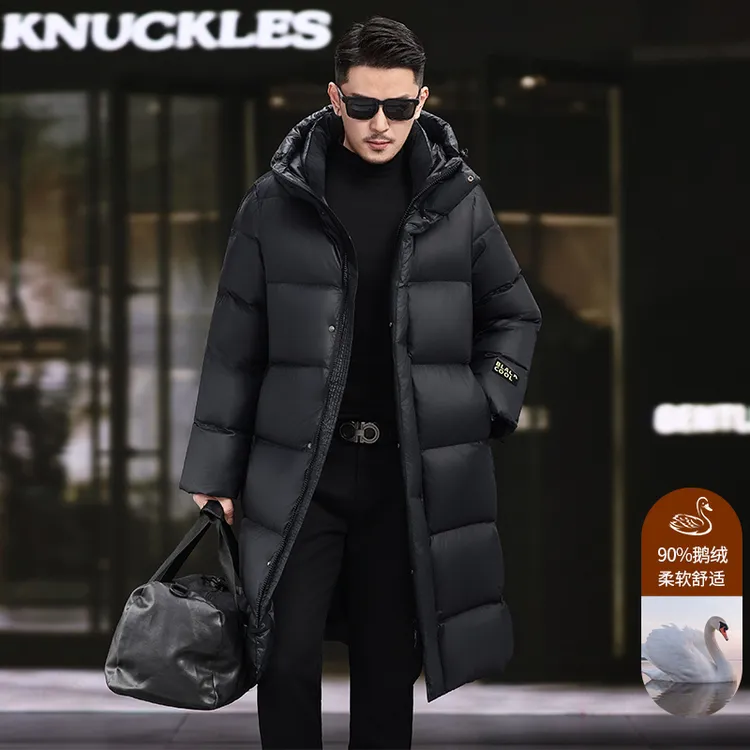 男女同款羽绒服长款轻职风连帽男友风过膝大码加厚户外鹅绒外套潮