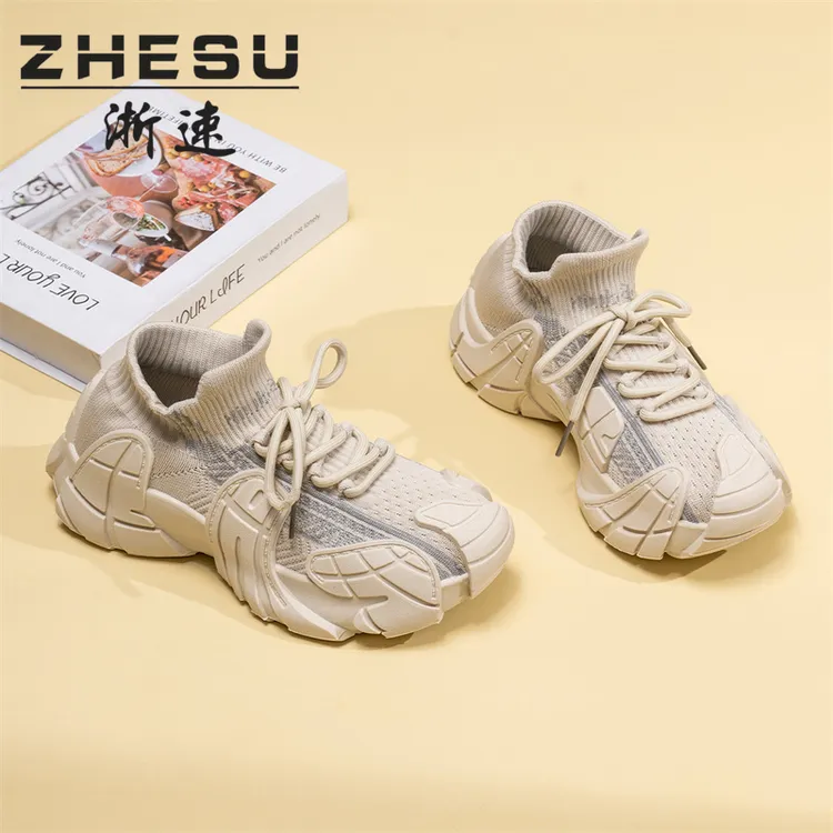 ZHESU/浙速2025新款百搭明星同款女鞋跑步舒适增高软底飞织袜子鞋