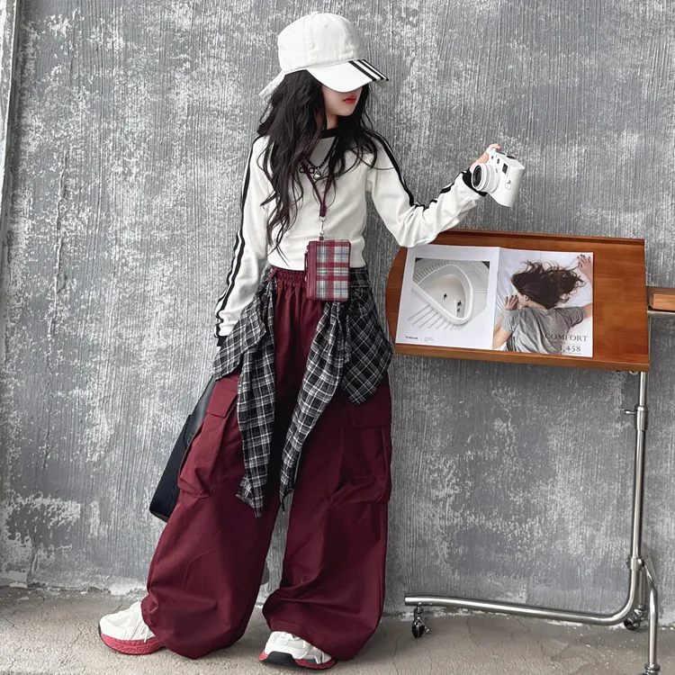 女童美式复古格子皮帘工装裤拉条打底衫两件套装2025秋季时髦酷飒