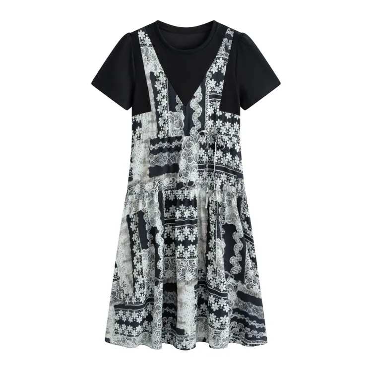 连衣裙女2025年夏季新款蕾丝数码印花假两件连衣裙