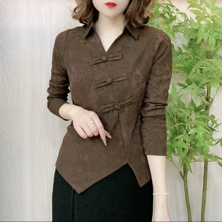 冬季新款时尚衬衫领提花盘扣开叉一体绒修身显瘦洋气女人味小衫