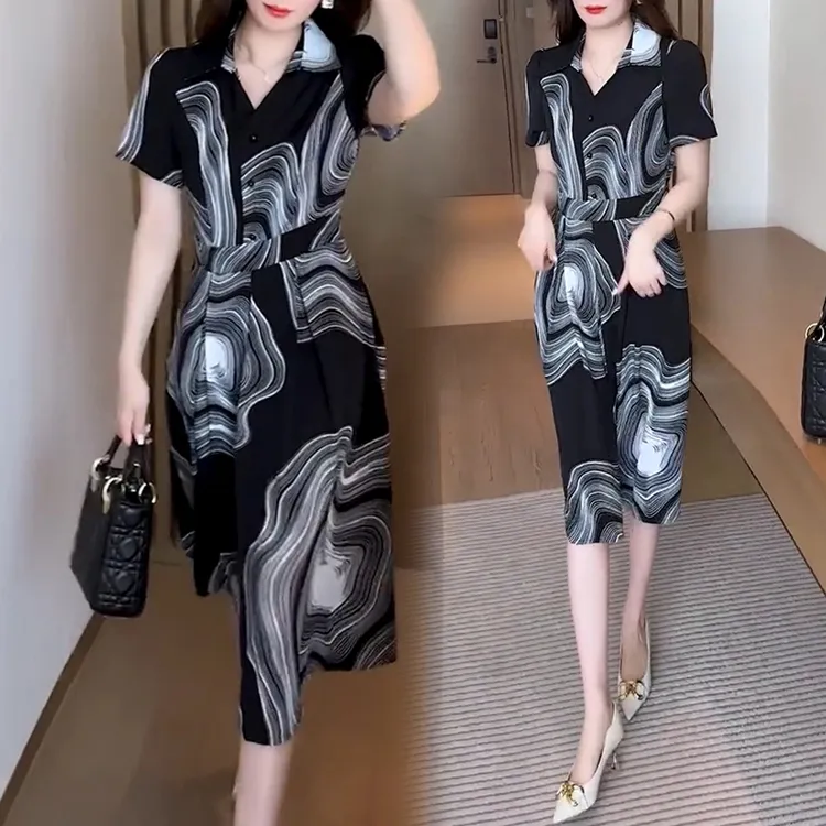 夏季雪纺连衣裙女2024新款洋气时尚气质收腰显瘦中长款印花裙子