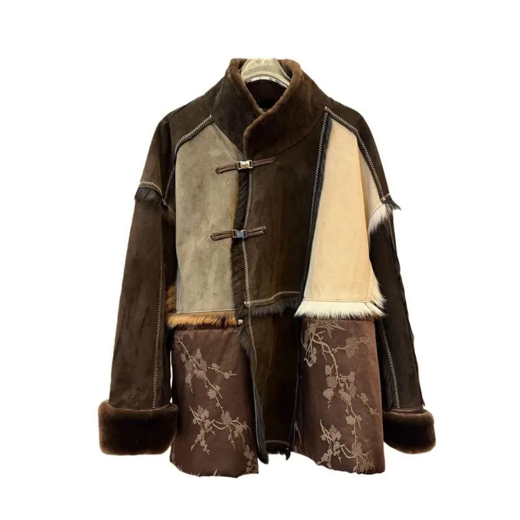 飞儿【寒梅踏雪】2025冬款拼接真毛休闲百搭麂皮绒外套