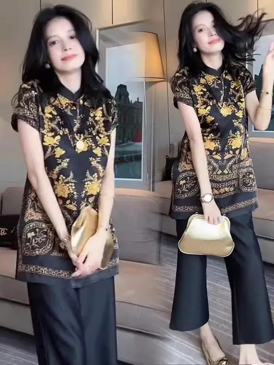 新中式时尚套装女夏季新款洋气显瘦国风印花短袖上衣阔腿裤两件套