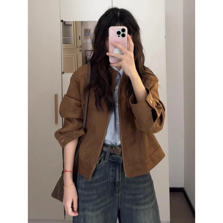 美拉德复古棕色夹克外套女春秋季2025新款早秋韩系小个子短款上衣