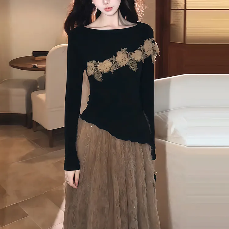 黑色一字肩立体花朵长袖小众T恤秋冬新款修身显瘦T恤百搭上衣