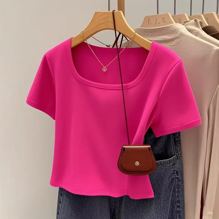 洋气方领短袖纯欲风夏季短款显瘦U型领高腰修身显瘦小众设计感T恤