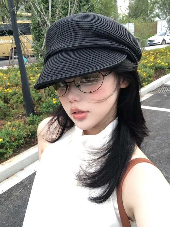 Fever 同款时尚博主显脸小黑色贝雷帽女夏季草编透气定型马术帽