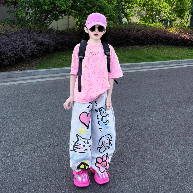 女童2025夏季新款小众时尚印花高腰显瘦阔腿裤烧花短袖T恤两件套