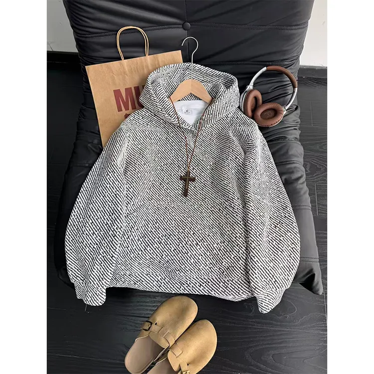 美式复古斑马纹卫衣男女秋冬厚款oversize宽松外套潮牌重磅连帽衫