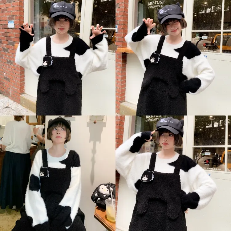 森女部落黑色小猫刺绣背带裤女2025新款宽松甜美百搭显瘦休闲裤秋