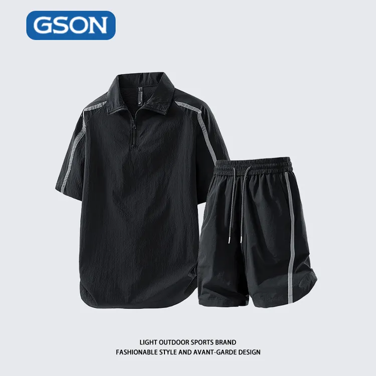 GSON 夏季冰丝薄款速干半拉链插肩翻领短袖t恤男凉感休闲运动套装