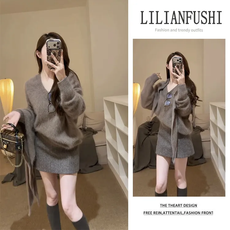 秋冬时尚穿搭2025新款气质披肩宽松长袖针织衫百搭显瘦短裙两件套