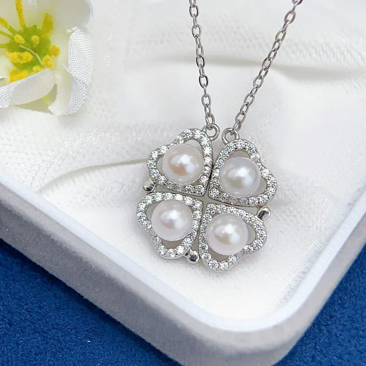 Akoya天然海水珍珠四叶草爱心多变款吊坠项链时尚 5.5-6MM 925银