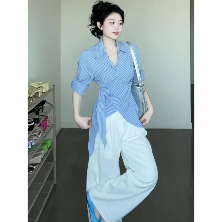 条纹POLO领长袖衬衫别致系带收腰衬衣阔腿休闲裤垂感直筒拖地裤子