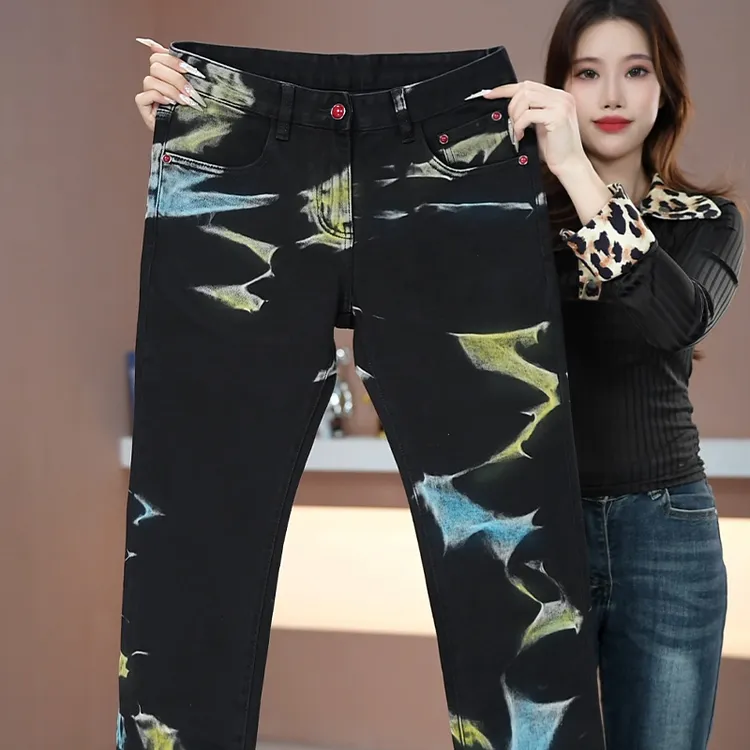 彩色水墨扎染个性设计男士秋冬牛仔裤修身潮流轻奢时尚