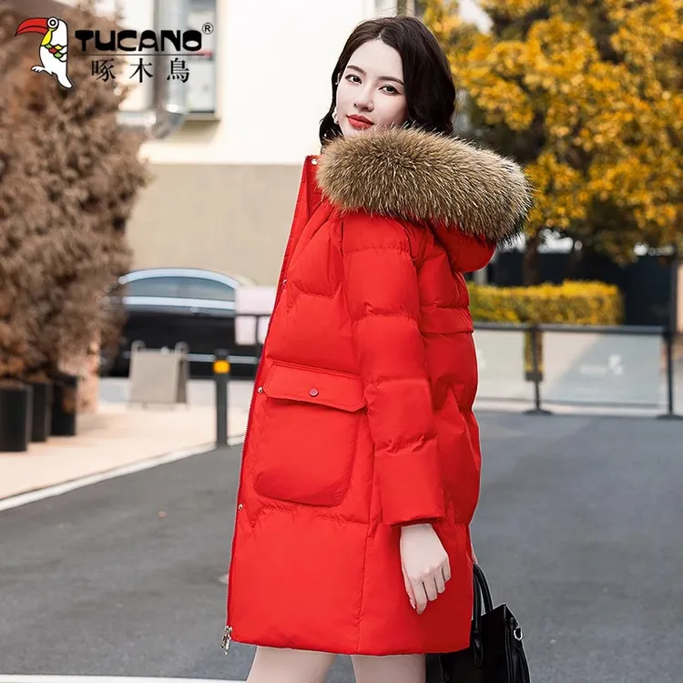 【官方】啄木鸟中长款羽绒服女冬季2026新款白鸭绒加厚保暖连帽外套