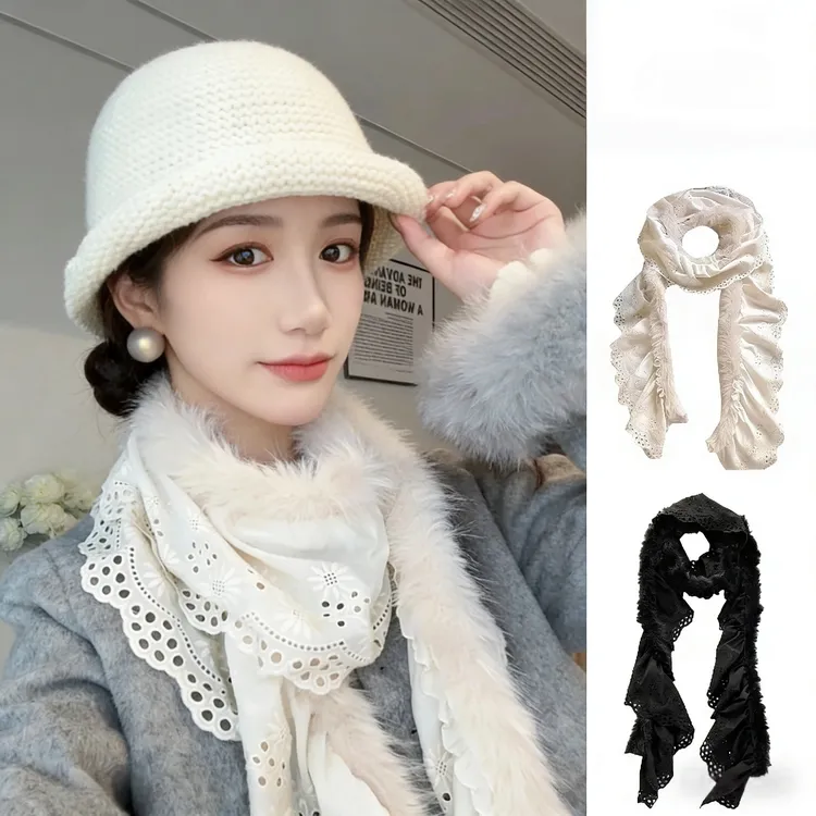 2025流行款名媛风软蕾丝仿狐狸毛围巾韩系百搭保暖护颈围脖WJ-131