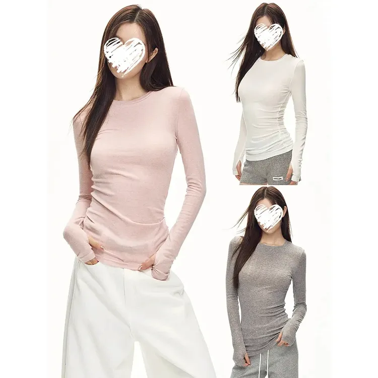 【6-8运补】秋冬新款修身显瘦打底衫纯色长袖T恤女女装潮+白色圆领