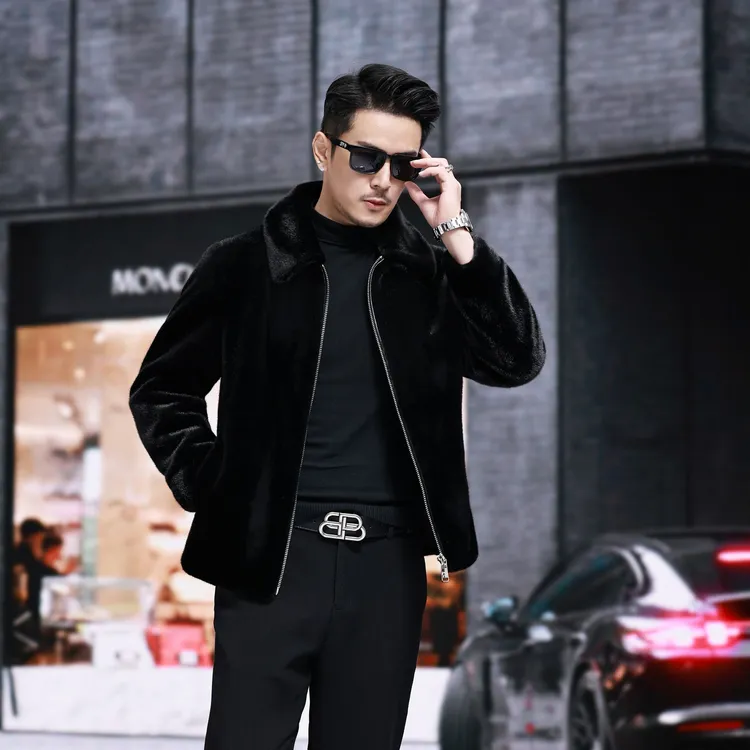 海宁冬季高档皮革外套男士翻领竞品男款皮毛一体