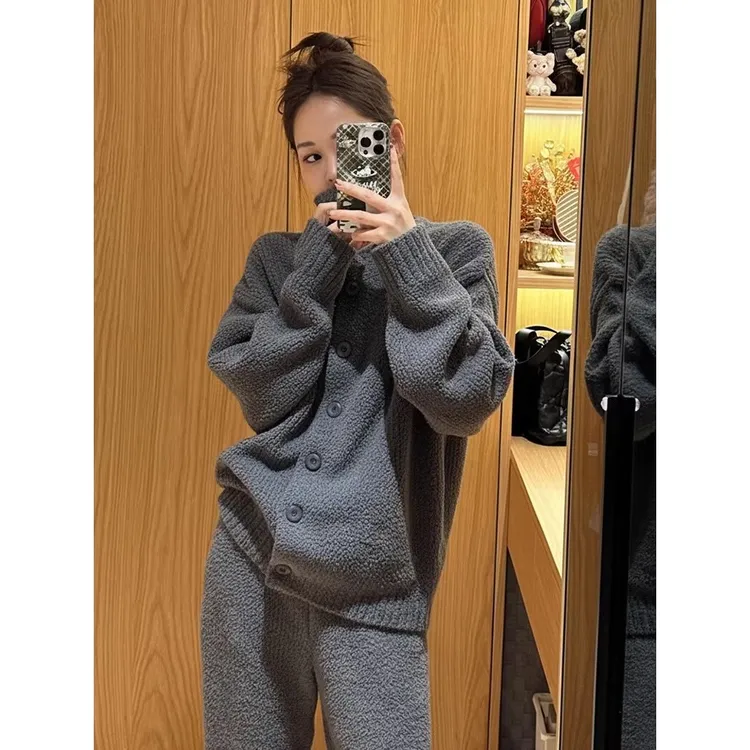 韩系高级灰色加厚半边绒睡衣女2025冬季新款保暖家居服套装可外穿