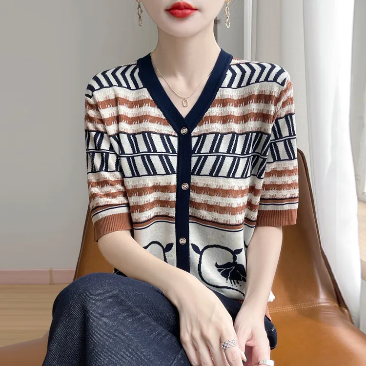 夏季薄款洋气提花天丝莱赛尔针织开衫短袖拼色宽松半袖v领上衣女