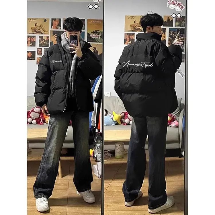 美式复古签名印花棉服男款秋冬季新款工装加厚面包服高街棉衣