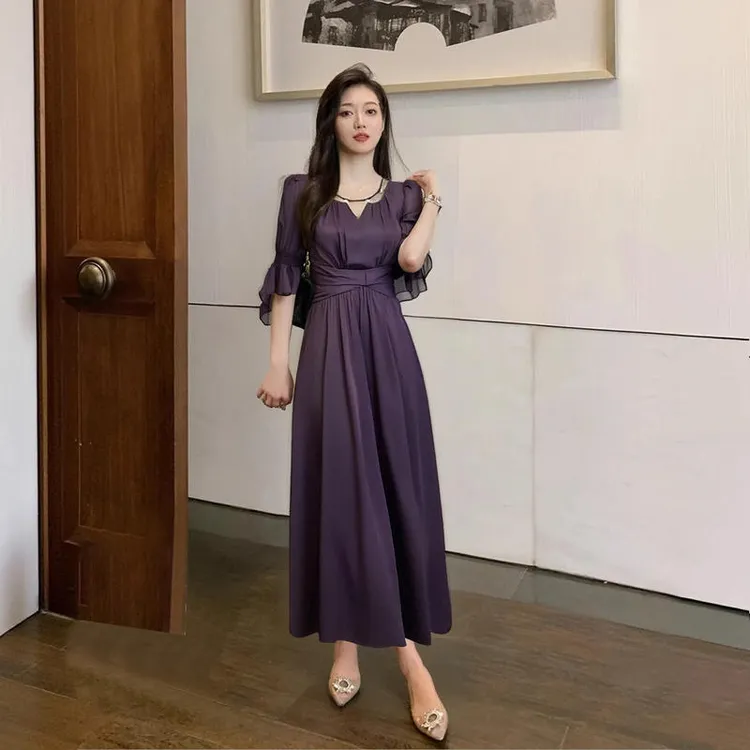 气质女神范夏季连衣裙女洋气显瘦百搭中长款收腰显瘦五分袖裙子潮