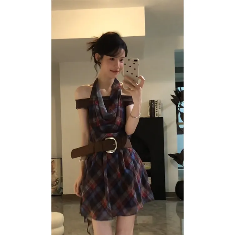MARIE.COCO法式格纹荡领挂脖背心女夏季新款收腰显瘦连衣裙套装